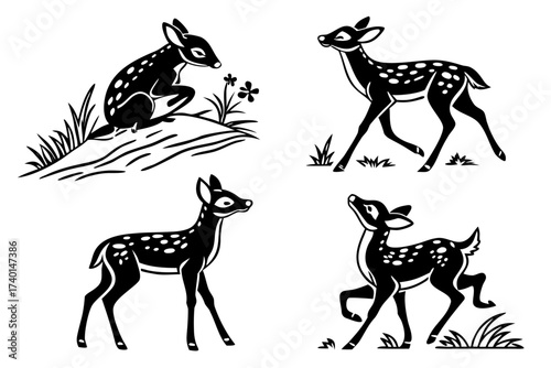Cute fawn standing minimalist icon set