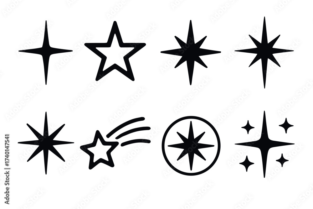 Obraz premium Star shape icon set. Vector black symbols of sparkle and space glyph illustrations