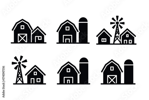 Farm and Barn Icon Set. Vector black rural symbols of farmhouse, silo, windmill, field, and countryside agriculture glyph illustrations