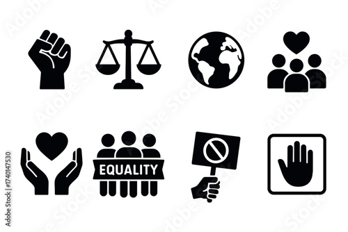 Equality and social justice icon set. Vector black symbols of rights and activism glyph illustrations