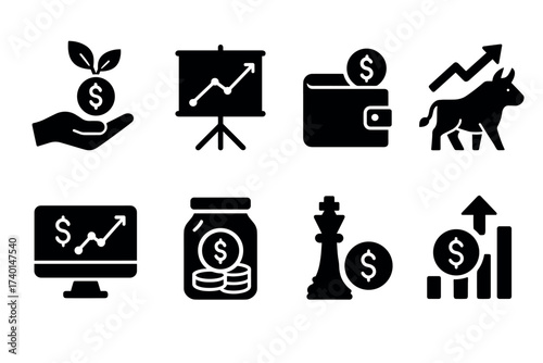 Investment and stock market icon set. Vector black symbols of finance and trading glyph illustrations