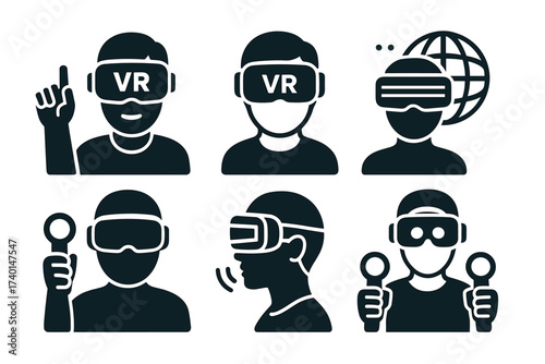 Virtual reality icon set. Vector black symbols of vr headset and gaming glyph illustrations
