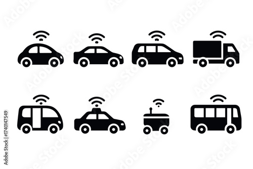 Autonomous vehicle icon set. Vector black symbols of smart transport glyph illustrations