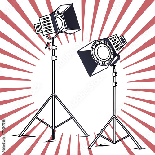 Vintage Studio Spotlights Illustration on Yellow Background