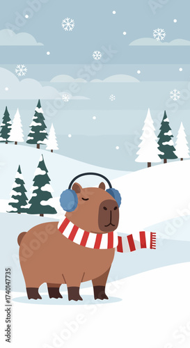 Cute Bear in Winter Forest with Scarf and Headphones