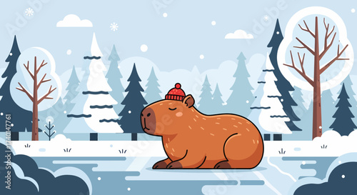 A cute cartoon capybara wearing a red winter hat sits peacefully in a snowy forest landscape.