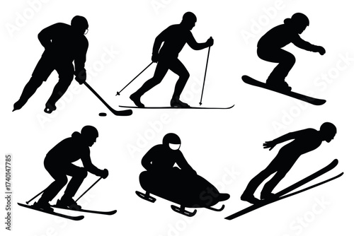 Winter sports icon set. Vector black symbols of skiing and snowboarding glyph illustrations
