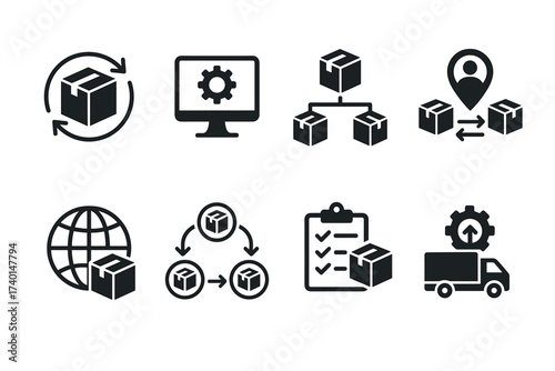 Supply chain icon set. Vector black symbols of logistics and distribution glyph illustrations