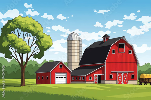 Charming farm scene illustration with animals and fields