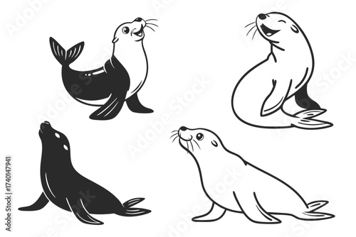 Cute seal pup minimalist icon set for design projects