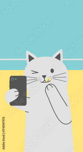 Minimalist animation of a cute gray cat winking while taking a selfie with a smartphone.