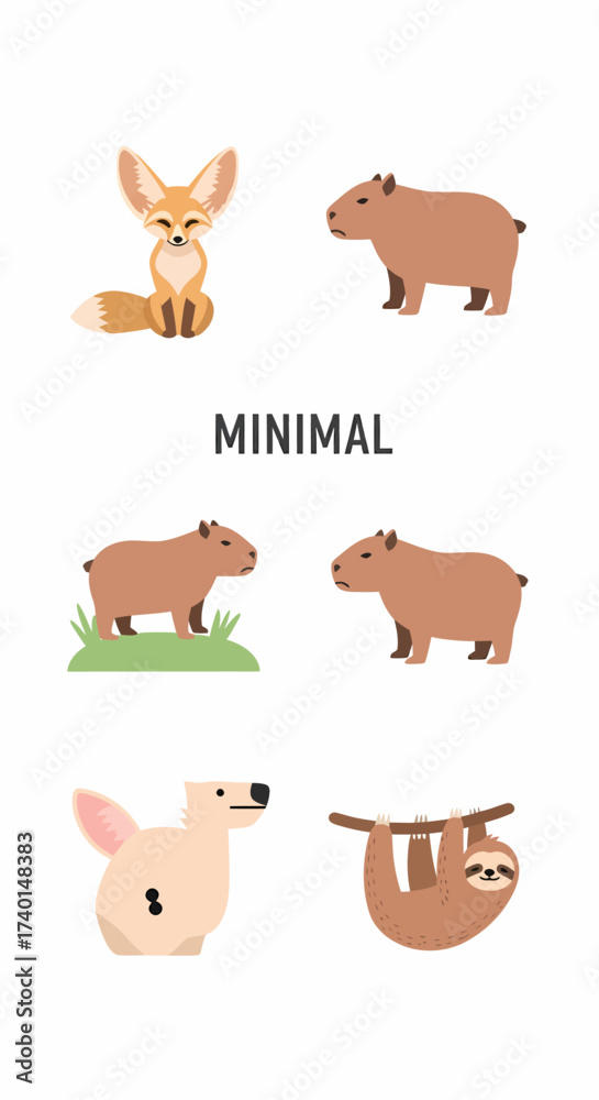 Fototapeta premium A collection of six minimalist animal illustrations, including a fennec fox, capybaras, and a sloth, on a white background.