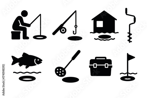 Ice fishing and winter hobby icon set. Vector black symbols of fishing equipment and activity