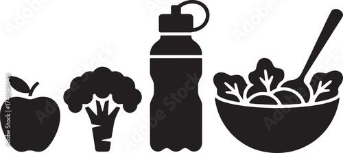 Black silhouette icons of apple broccoli water bottle and salad in bowl vector
