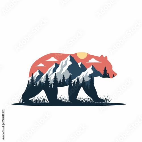 Artistic silhouette of a bear with a double exposure effect showing a mountain forest landscape at sunset.