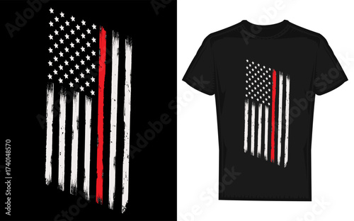 Tattered american flag with thin red line silhouette for firefighter apparel and patriotic designs