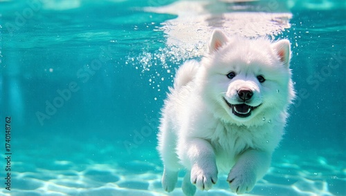 A playful samoyed puppy swimming happily underwater in a clear blue pool enjoying summer fun