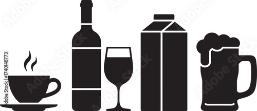 Black silhouette icons of coffee cup wine glass milk carton and beer mug hot drink steam