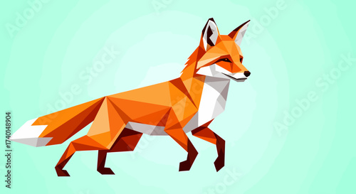A stylized red fox walking, created with a low-poly geometric design against a solid light green background.