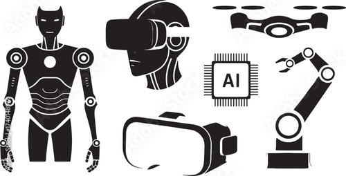 Black silhouette icons of robot human V R headset A I chip and drone android artificial intelligence