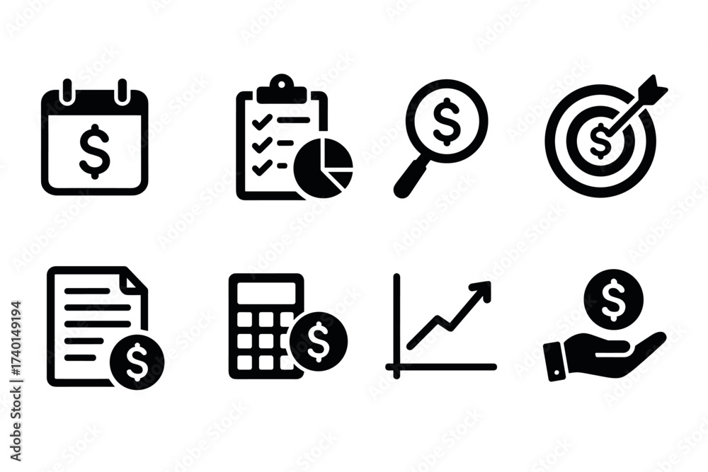 Fototapeta premium Accounting and Finance Icon Set. Vector black business symbols of calculator, chart, document, audit, target, and budget illustrations