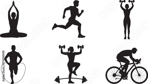 Black silhouettes of people engaged in yoga running weightlifting jump rope and cycling vector