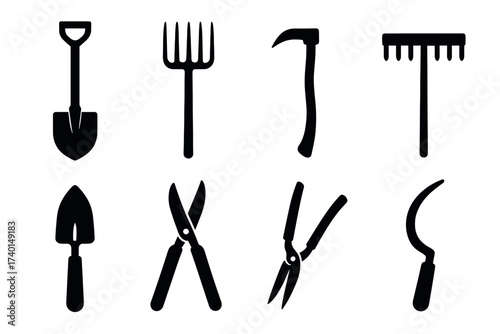 Gardening tools and equipment icon set. Vector black symbols of garden work and farming