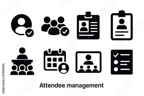 Attendee management and event registration icon set. Vector black symbols of conference and participants