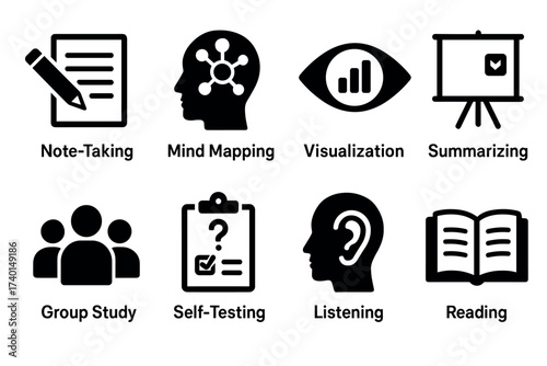 Study methods and learning techniques icon set. Vector black symbols of effective education strategies