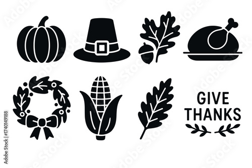 Thanksgiving and autumn holiday icon set. Vector black symbols of harvest festival