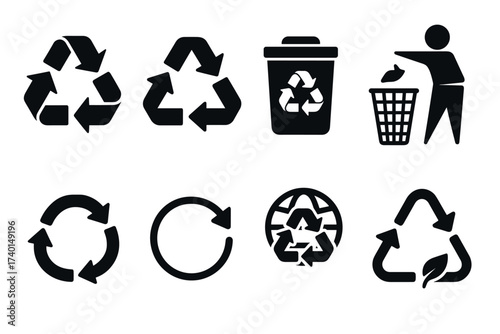 Recycle and ecology icon set. Vector black symbols of waste reduction and environment