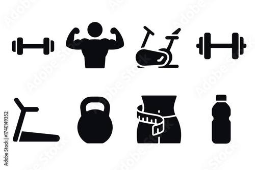 Fitness and gym icon set. Vector black symbols of workout and exercise