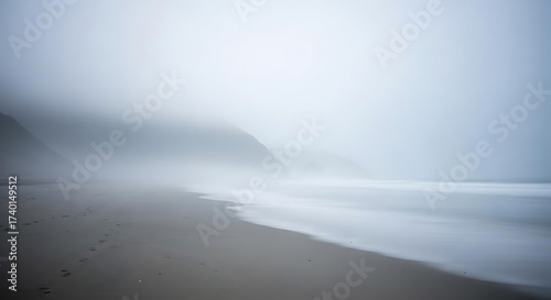 A foggy beach scene with waves crashing on the shore and a hill in the background covered in mist ai generated