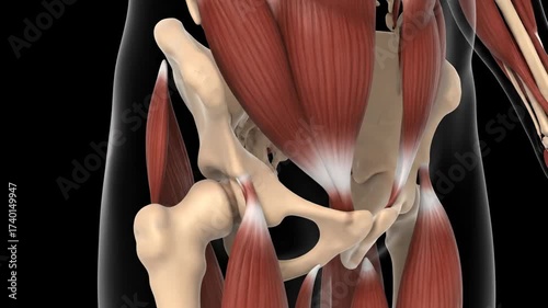 Detailed anatomical illustration of the human hip and pelvis musculature for medical study