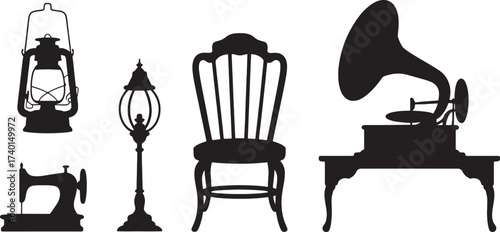 Silhouette collection of vintage objects including a gramophone sewing machine lantern and chair vector