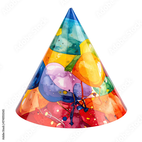 Colorful party cone hat with balloons and confetti
