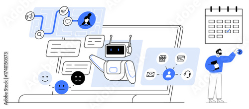 Laptop screen with chatbot interacting through messages, emotions, and icons while a person plans tasks on a calendar. Ideal for technology, AI, productivity, customer service, innovation