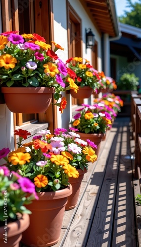 Wallpaper Mural Terracotta flower pots overflowing with colorful blooms adorn a weathered wooden terrace, bathed in sunlight, balcony, outdoor, detail Torontodigital.ca
