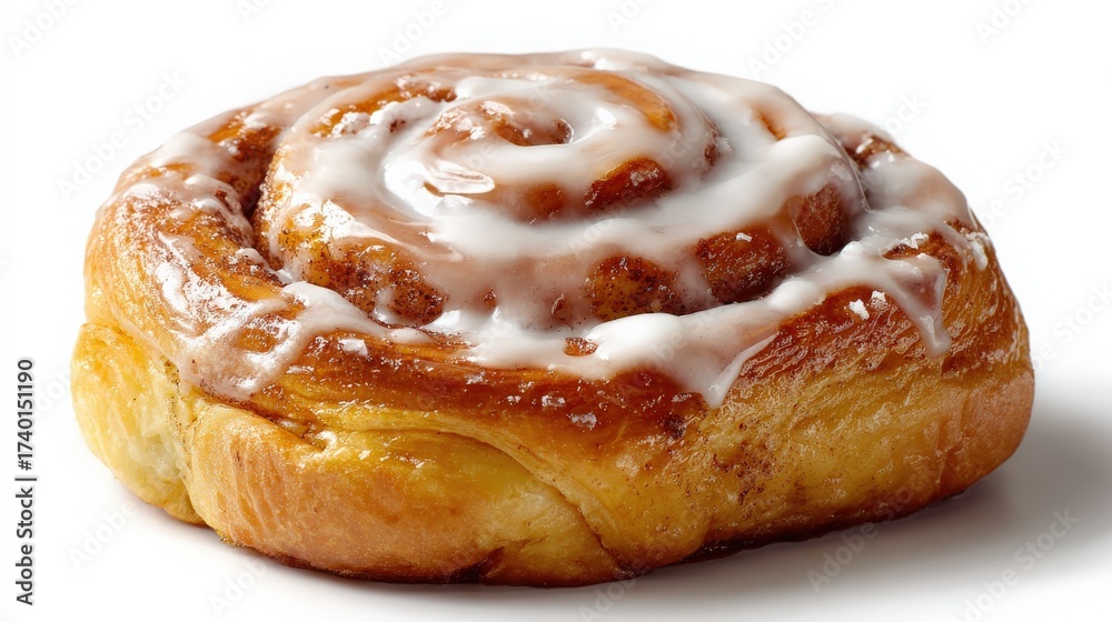 Fototapeta premium Deliciously swirled cinnamon roll with creamy frosting on a bright white background