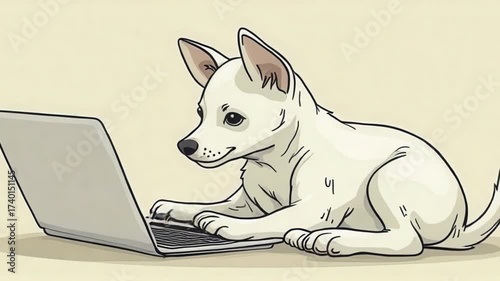 Cartoon White Dog Using Laptop Animation