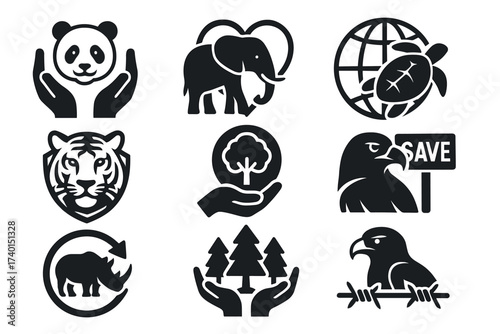 Endangered species and wildlife conservation icon set. Vector black symbols of animal protection