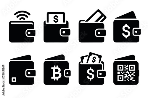 Digital wallet and money icon set. Vector black symbols of mobile payment and finance