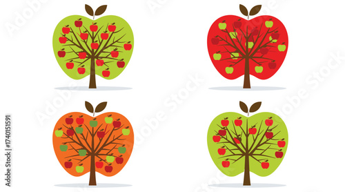 Colorful apple tree illustration with ripe fruits, organic farming harvest design, healthy nutrition food concept, seasonal agriculture orchard vector background art
