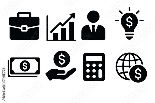 Business and Finance Icon Set. Vector black corporate symbols of briefcase, chart, manager, idea, money, calculator, and global currency glyph illustrations