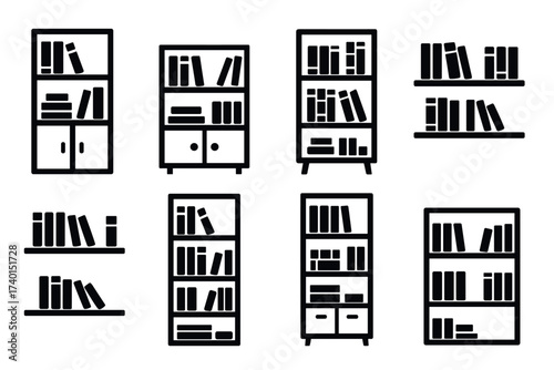 Bookshelf and bookcase icon set. Vector symbols of library furniture and reading
