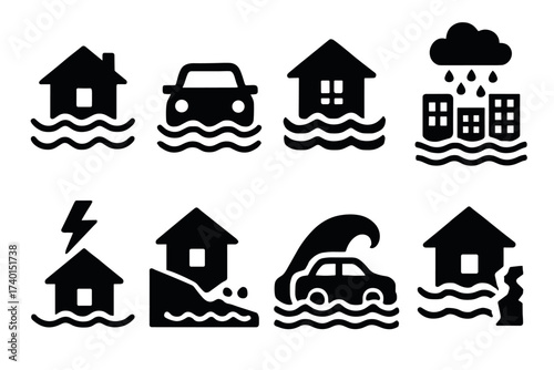 Flood and natural disaster icon set. Vector black symbols of climate change and catastrophe