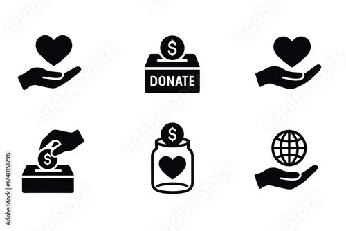 Donation and charity icon set. Vector black symbols of giving and volunteering