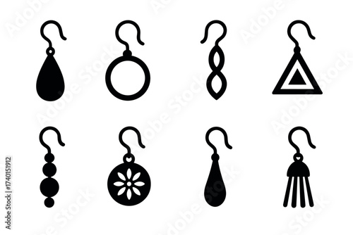 Earring and jewelry icon set. Vector black symbols of fashion and accessories