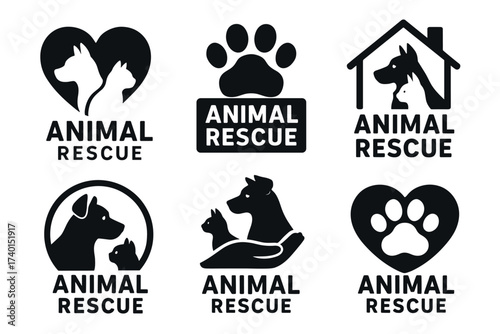 Animal rescue and pet adoption logo set. Vector black symbols of charity and animal care