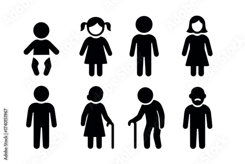 Human life cycle and aging process icon set. Vector black pictograms of different age groups
